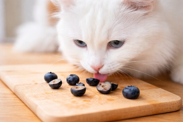 a white cat eating some blueberries for is it safe for my cat to eat fruit